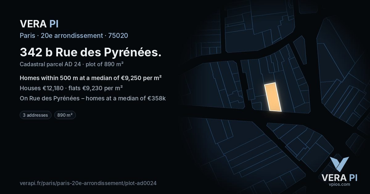 342 b Rue des Pyrénées, 20e arrondissement at night – the plot lit, the parcels around coloured by the prices near them