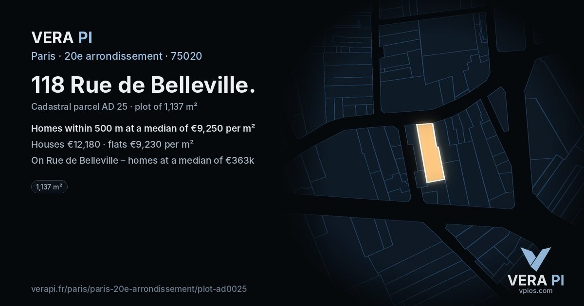 118 Rue de Belleville, 20e arrondissement at night – the plot lit, the parcels around coloured by the prices near them