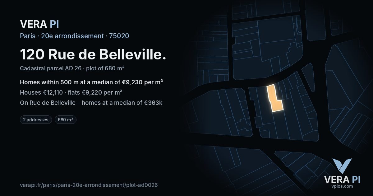 120 Rue de Belleville, 20e arrondissement at night – the plot lit, the parcels around coloured by the prices near them