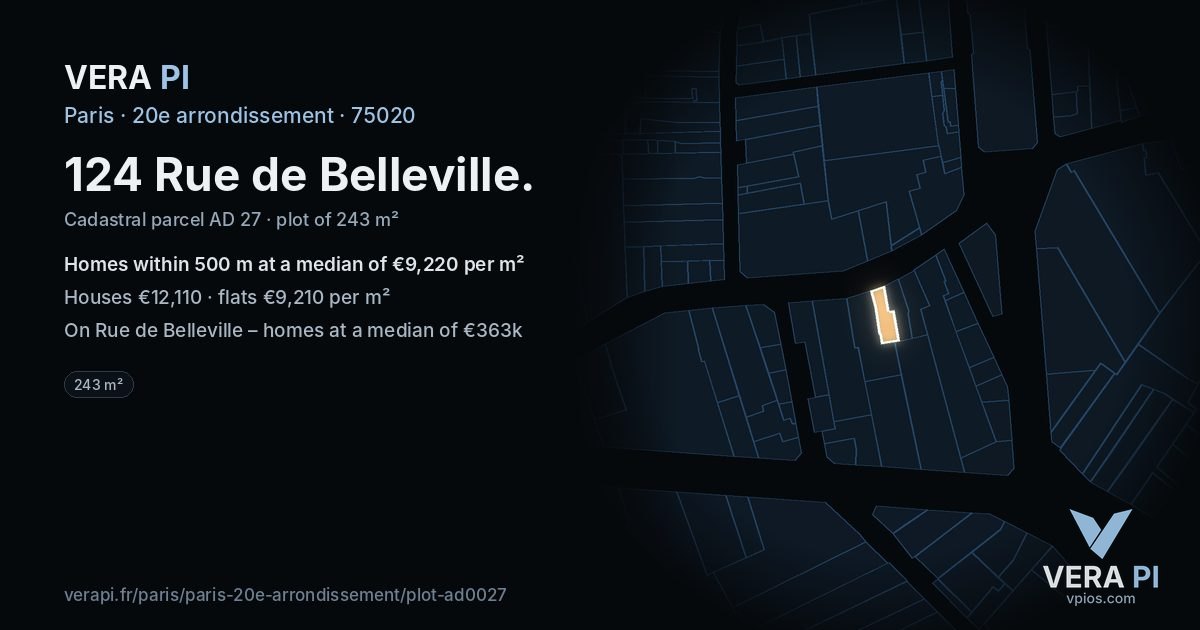 124 Rue de Belleville, 20e arrondissement at night – the plot lit, the parcels around coloured by the prices near them
