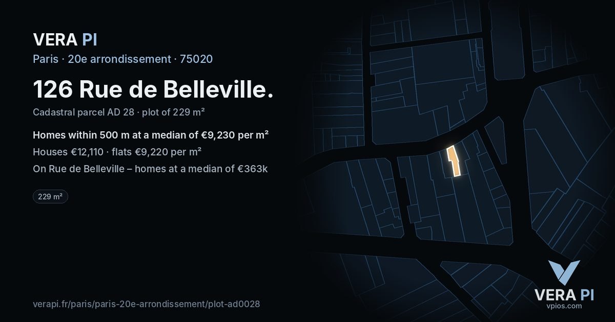 126 Rue de Belleville, 20e arrondissement at night – the plot lit, the parcels around coloured by the prices near them