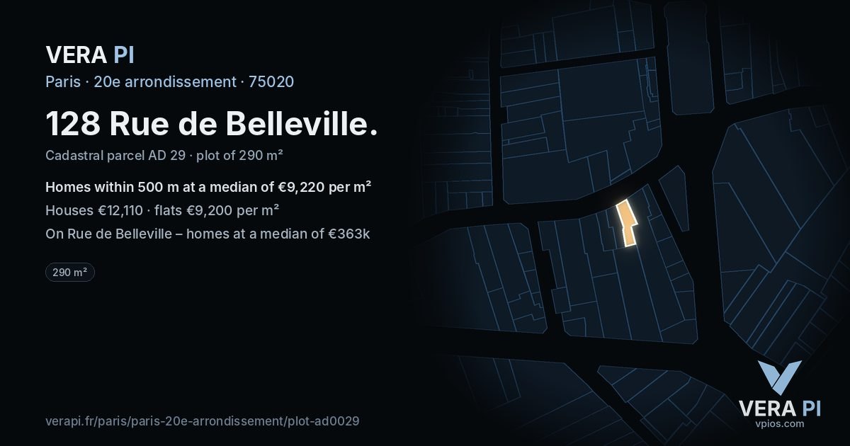 128 Rue de Belleville, 20e arrondissement at night – the plot lit, the parcels around coloured by the prices near them