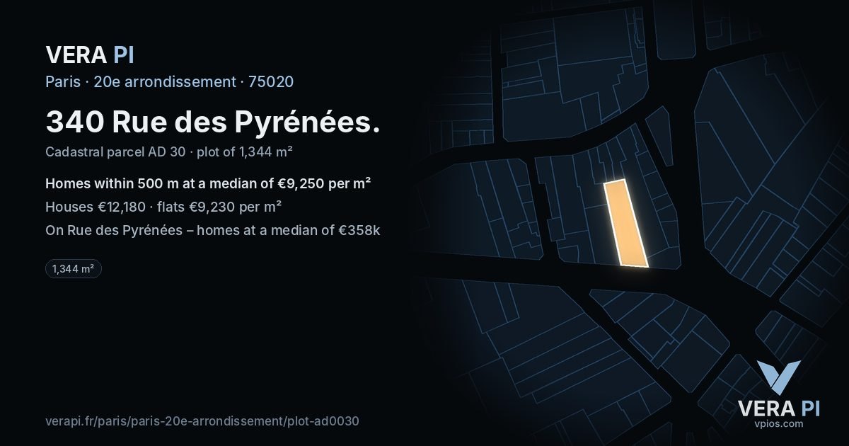 340 Rue des Pyrénées, 20e arrondissement at night – the plot lit, the parcels around coloured by the prices near them