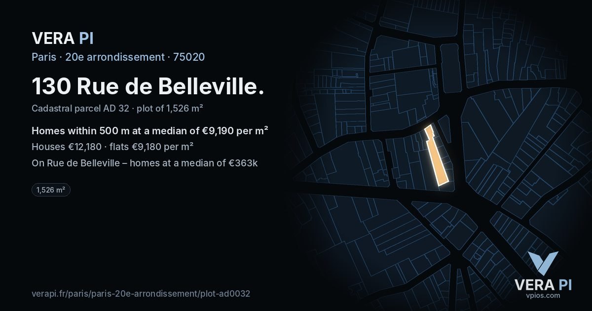 130 Rue de Belleville, 20e arrondissement at night – the plot lit, the parcels around coloured by the prices near them