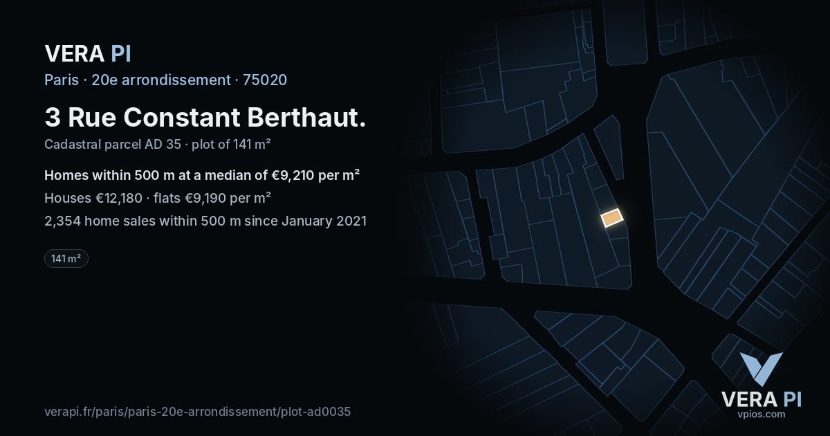 3 Rue Constant Berthaut, 20e arrondissement at night – the plot lit, the parcels around coloured by the prices near them