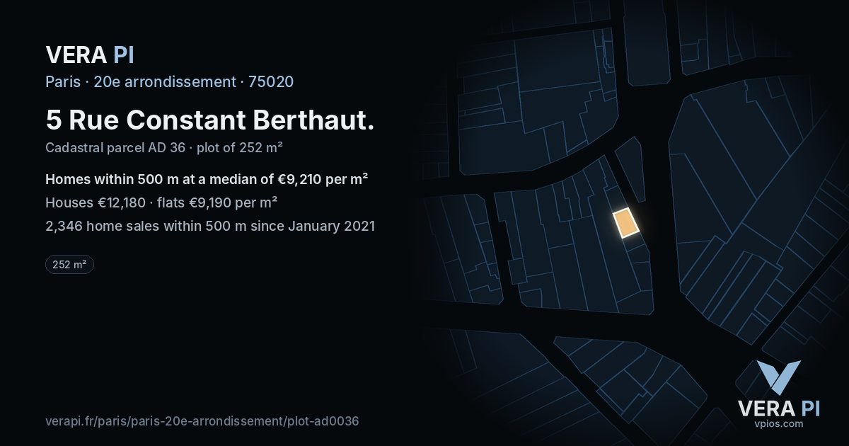 5 Rue Constant Berthaut, 20e arrondissement at night – the plot lit, the parcels around coloured by the prices near them