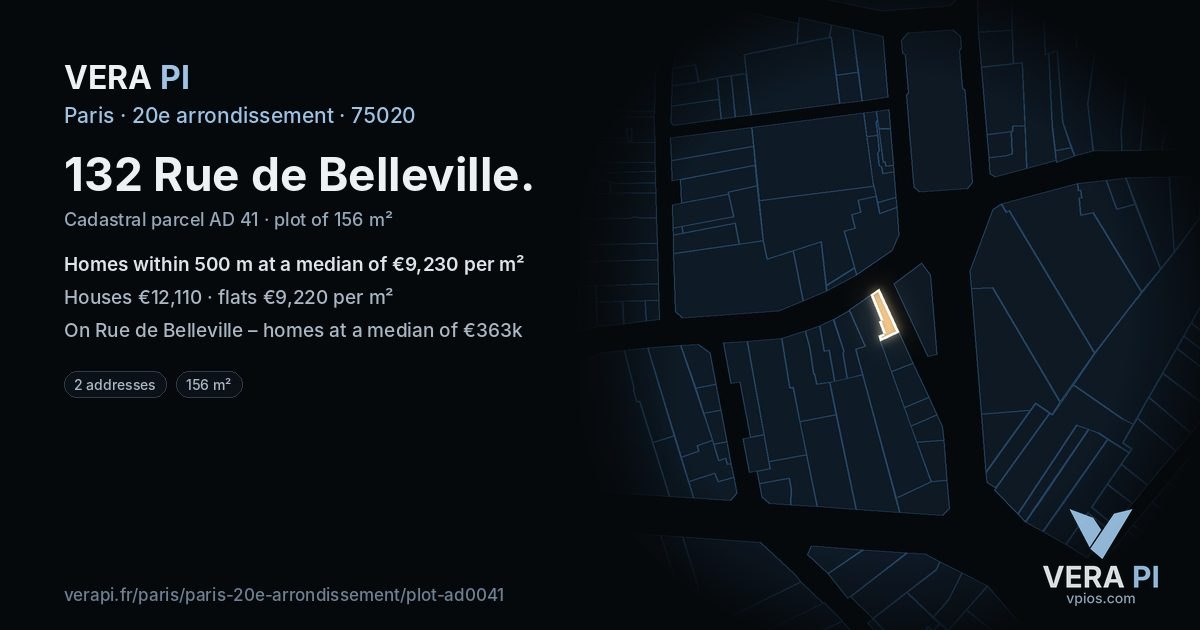 132 Rue de Belleville, 20e arrondissement at night – the plot lit, the parcels around coloured by the prices near them