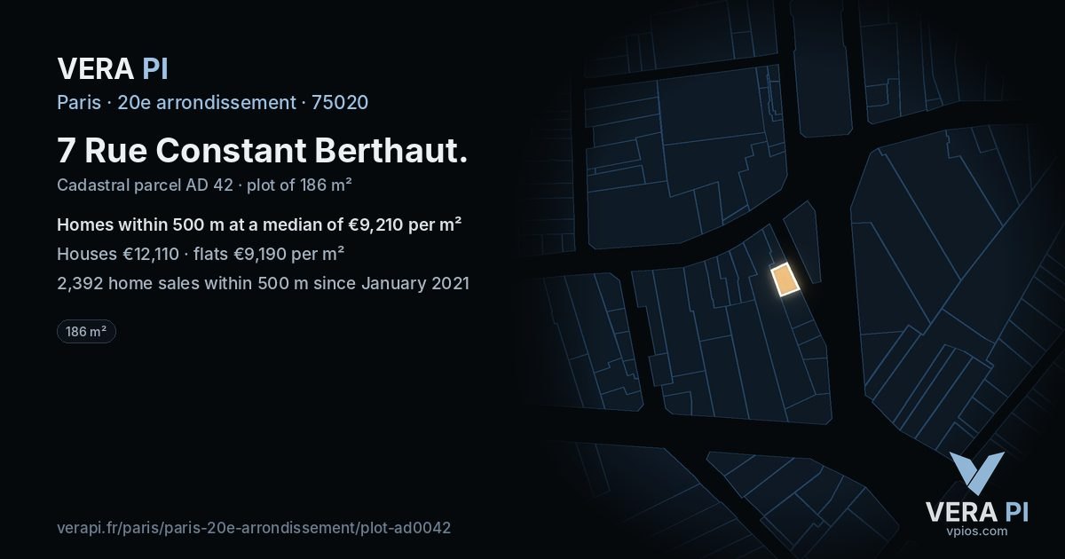 7 Rue Constant Berthaut, 20e arrondissement at night – the plot lit, the parcels around coloured by the prices near them