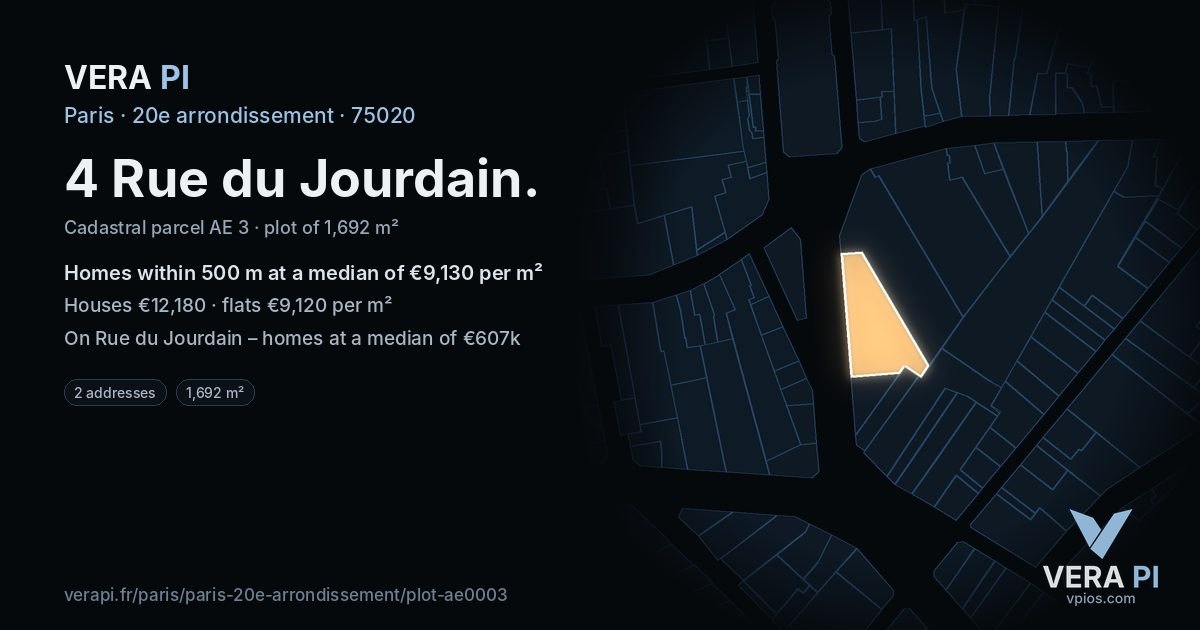 4 Rue du Jourdain, 20e arrondissement at night – the plot lit, the parcels around coloured by the prices near them