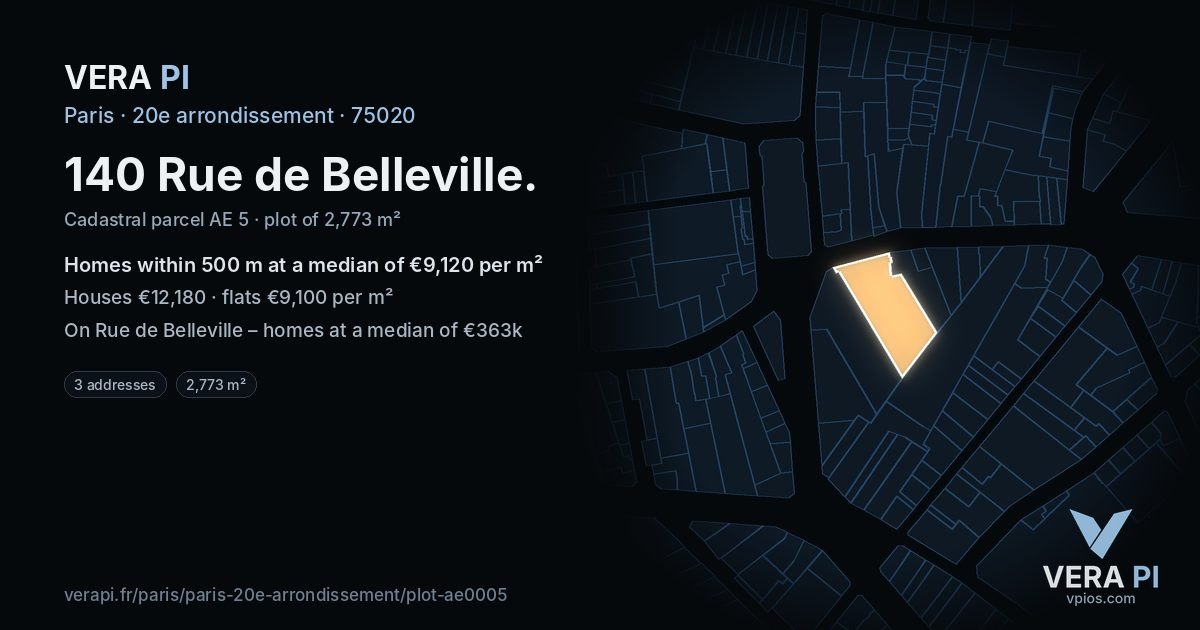 140 Rue de Belleville, 20e arrondissement at night – the plot lit, the parcels around coloured by the prices near them