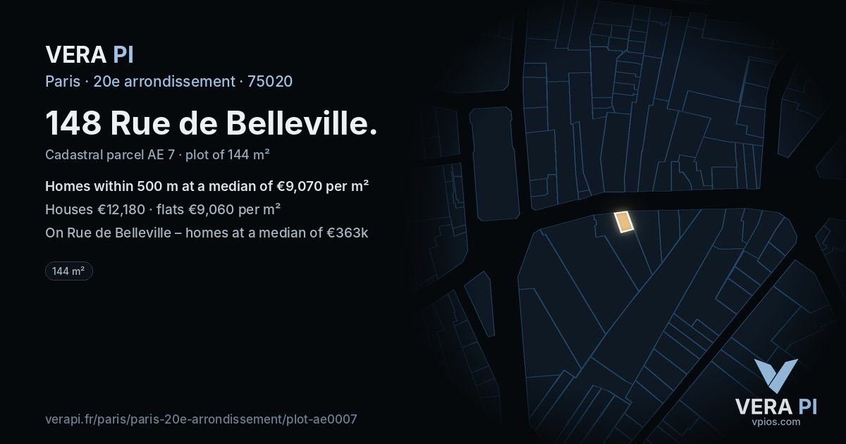 148 Rue de Belleville, 20e arrondissement at night – the plot lit, the parcels around coloured by the prices near them