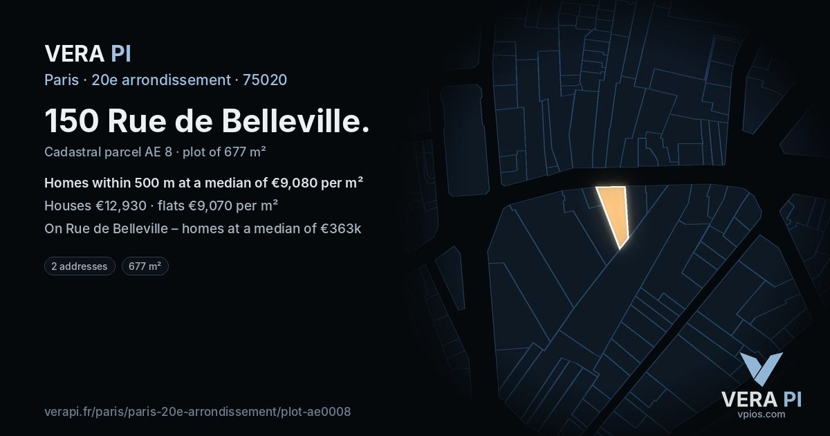 150 Rue de Belleville, 20e arrondissement at night – the plot lit, the parcels around coloured by the prices near them