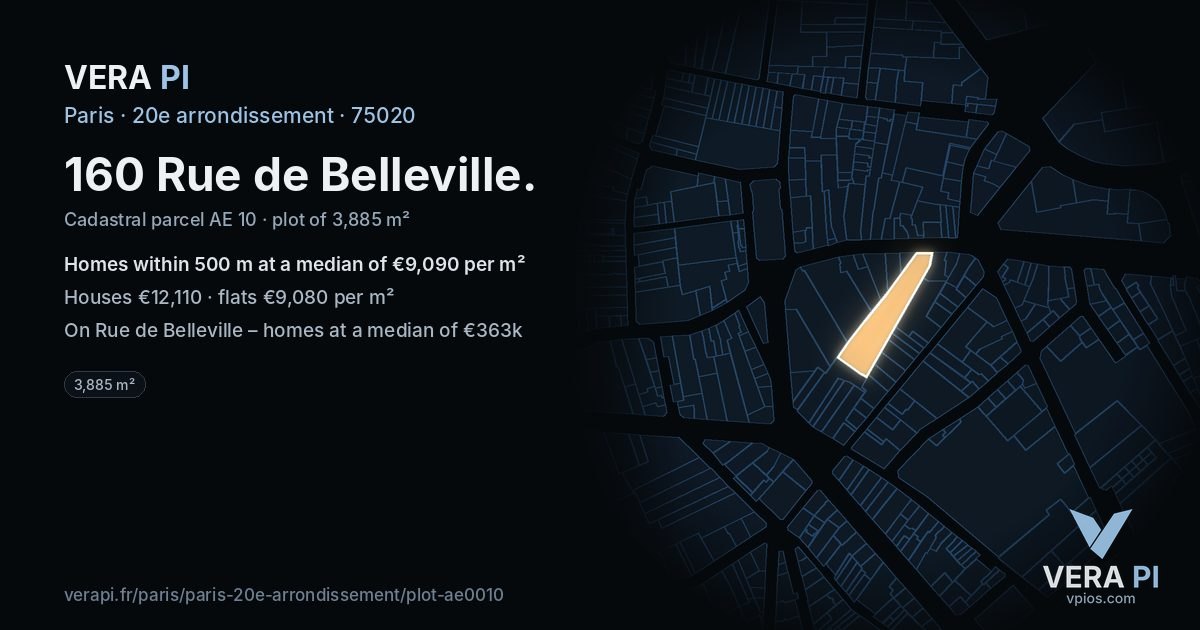 160 Rue de Belleville, 20e arrondissement at night – the plot lit, the parcels around coloured by the prices near them