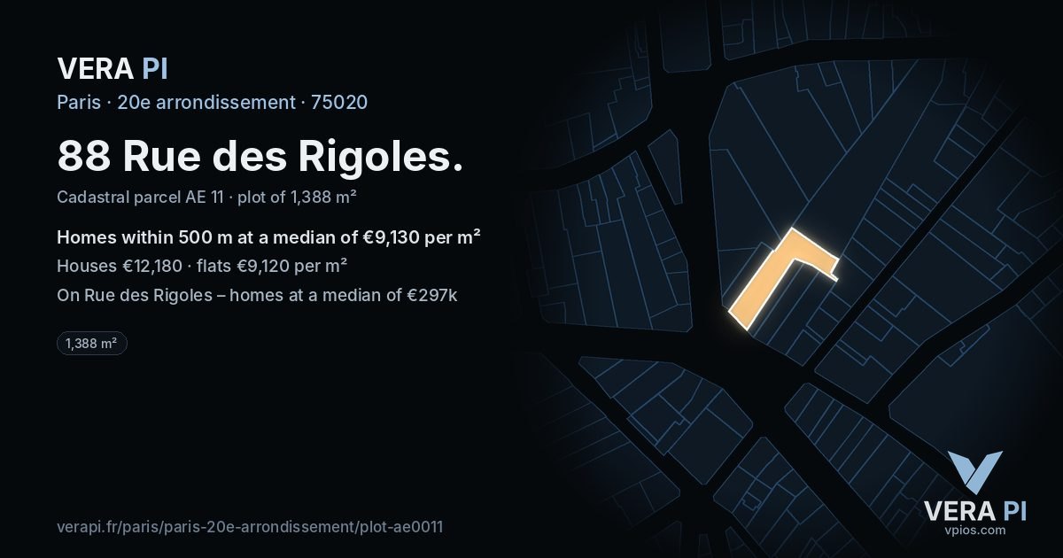 88 Rue des Rigoles, 20e arrondissement at night – the plot lit, the parcels around coloured by the prices near them