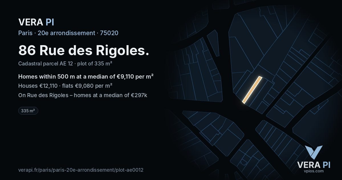 86 Rue des Rigoles, 20e arrondissement at night – the plot lit, the parcels around coloured by the prices near them