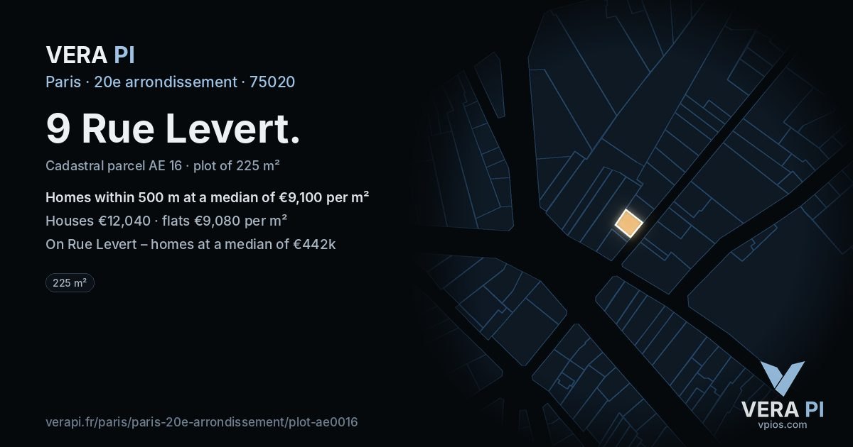 9 Rue Levert, 20e arrondissement at night – the plot lit, the parcels around coloured by the prices near them