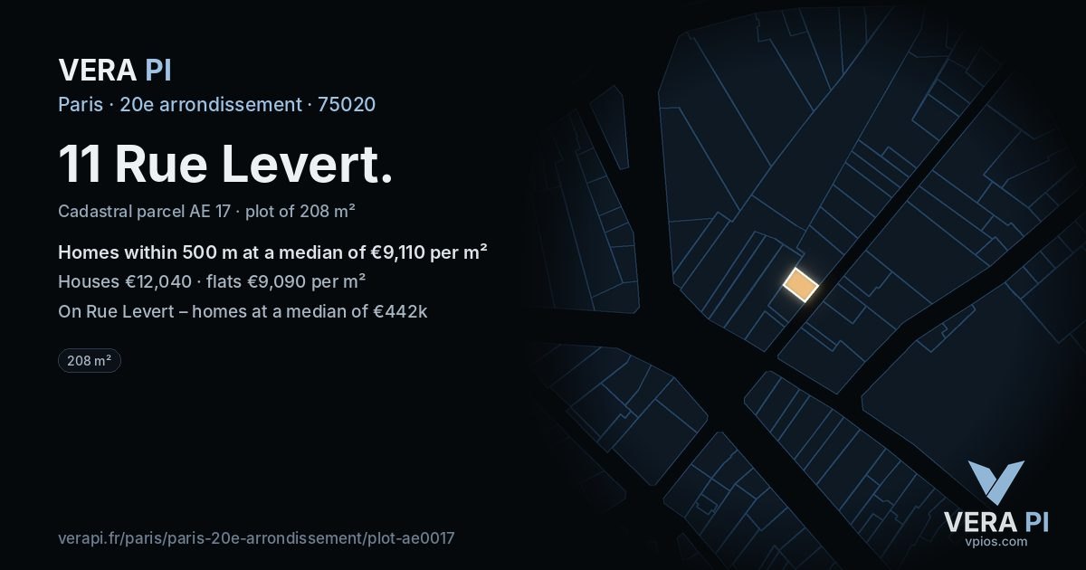 11 Rue Levert, 20e arrondissement at night – the plot lit, the parcels around coloured by the prices near them