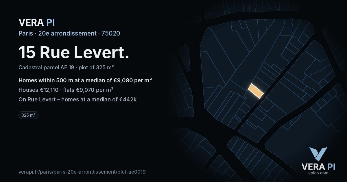 15 Rue Levert, 20e arrondissement at night – the plot lit, the parcels around coloured by the prices near them
