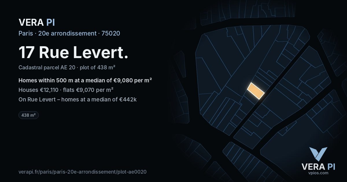 17 Rue Levert, 20e arrondissement at night – the plot lit, the parcels around coloured by the prices near them