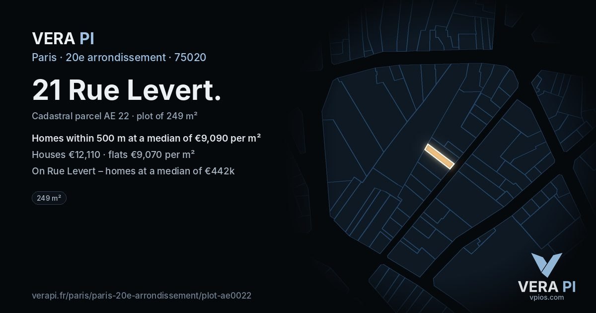 21 Rue Levert, 20e arrondissement at night – the plot lit, the parcels around coloured by the prices near them