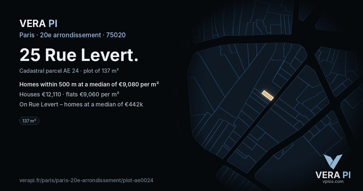 25 Rue Levert, 20e arrondissement at night – the plot lit, the parcels around coloured by the prices near them