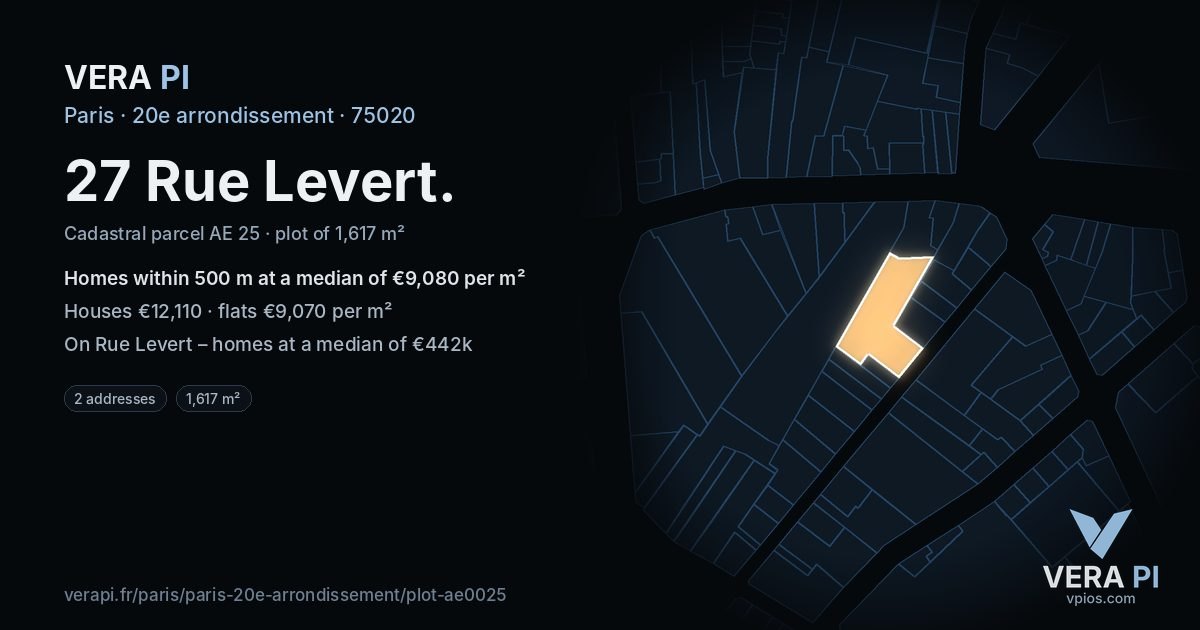 27 Rue Levert, 20e arrondissement at night – the plot lit, the parcels around coloured by the prices near them