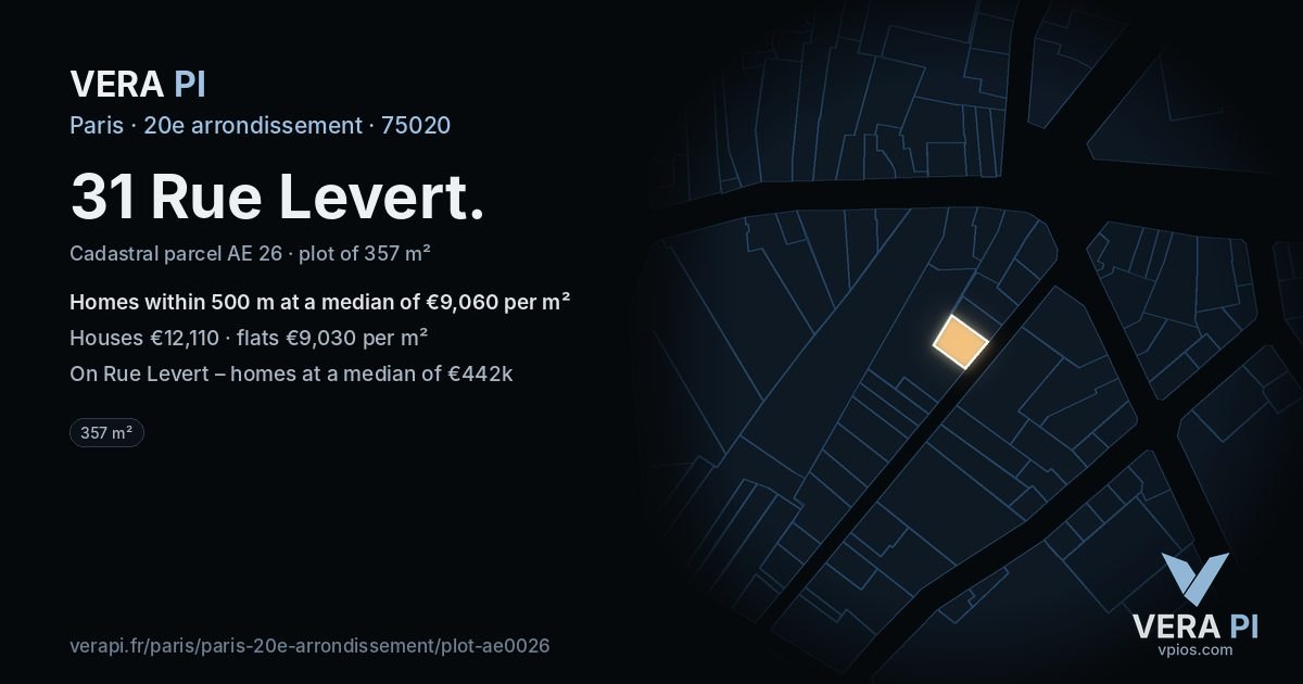 31 Rue Levert, 20e arrondissement at night – the plot lit, the parcels around coloured by the prices near them