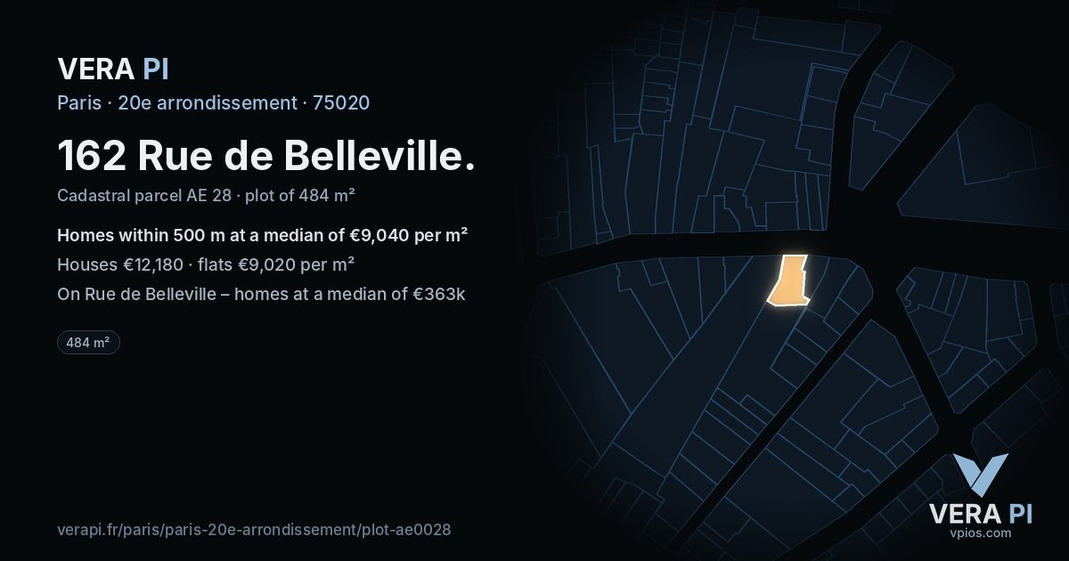 162 Rue de Belleville, 20e arrondissement at night – the plot lit, the parcels around coloured by the prices near them