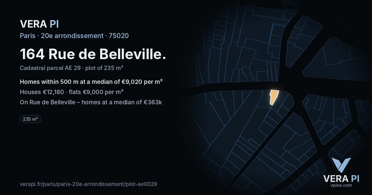 164 Rue de Belleville, 20e arrondissement at night – the plot lit, the parcels around coloured by the prices near them