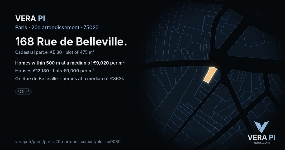 168 Rue de Belleville, 20e arrondissement at night – the plot lit, the parcels around coloured by the prices near them