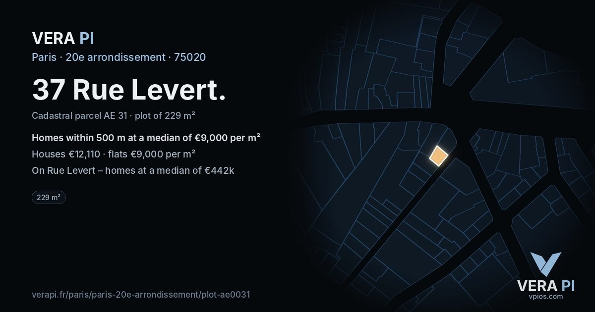 37 Rue Levert, 20e arrondissement at night – the plot lit, the parcels around coloured by the prices near them