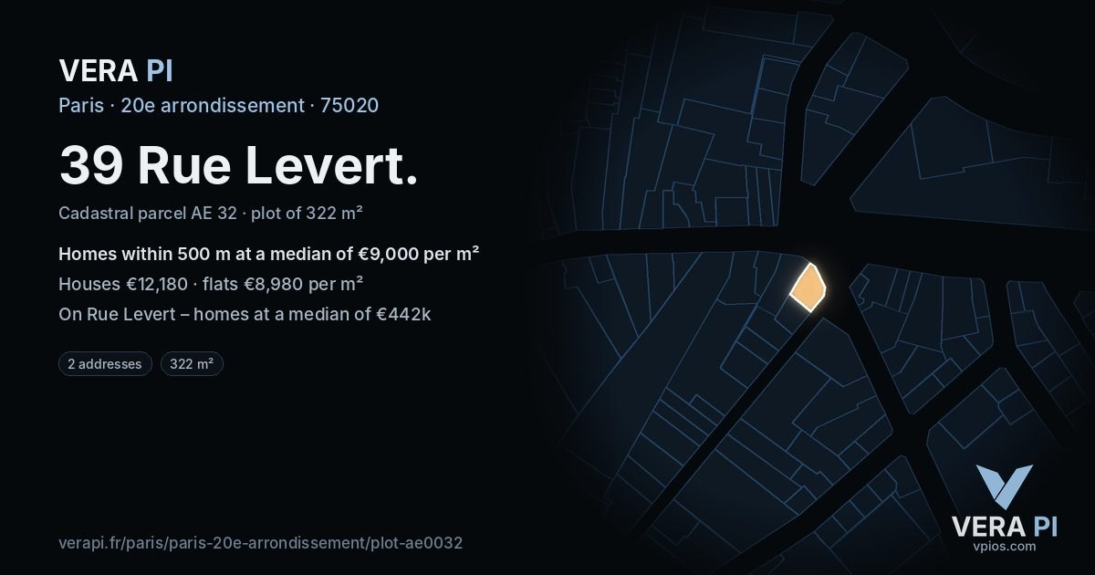 39 Rue Levert, 20e arrondissement at night – the plot lit, the parcels around coloured by the prices near them
