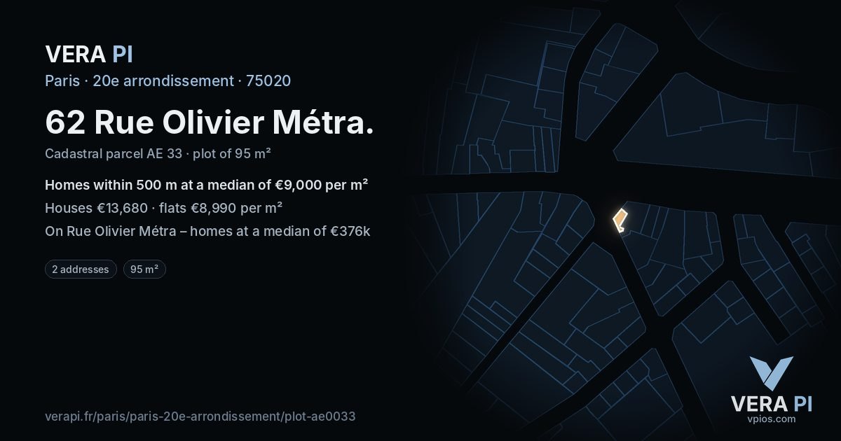 62 Rue Olivier Métra, 20e arrondissement at night – the plot lit, the parcels around coloured by the prices near them