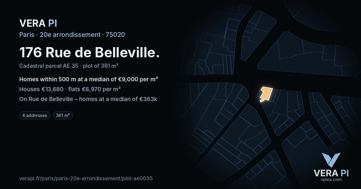 176 Rue de Belleville, 20e arrondissement at night – the plot lit, the parcels around coloured by the prices near them