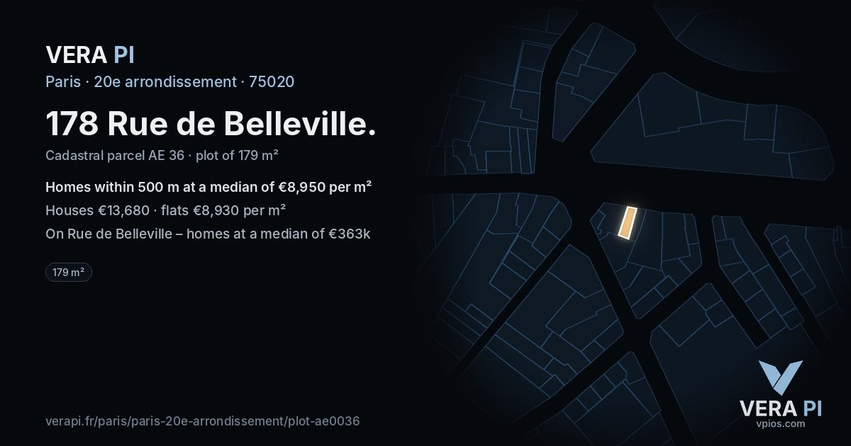 178 Rue de Belleville, 20e arrondissement at night – the plot lit, the parcels around coloured by the prices near them