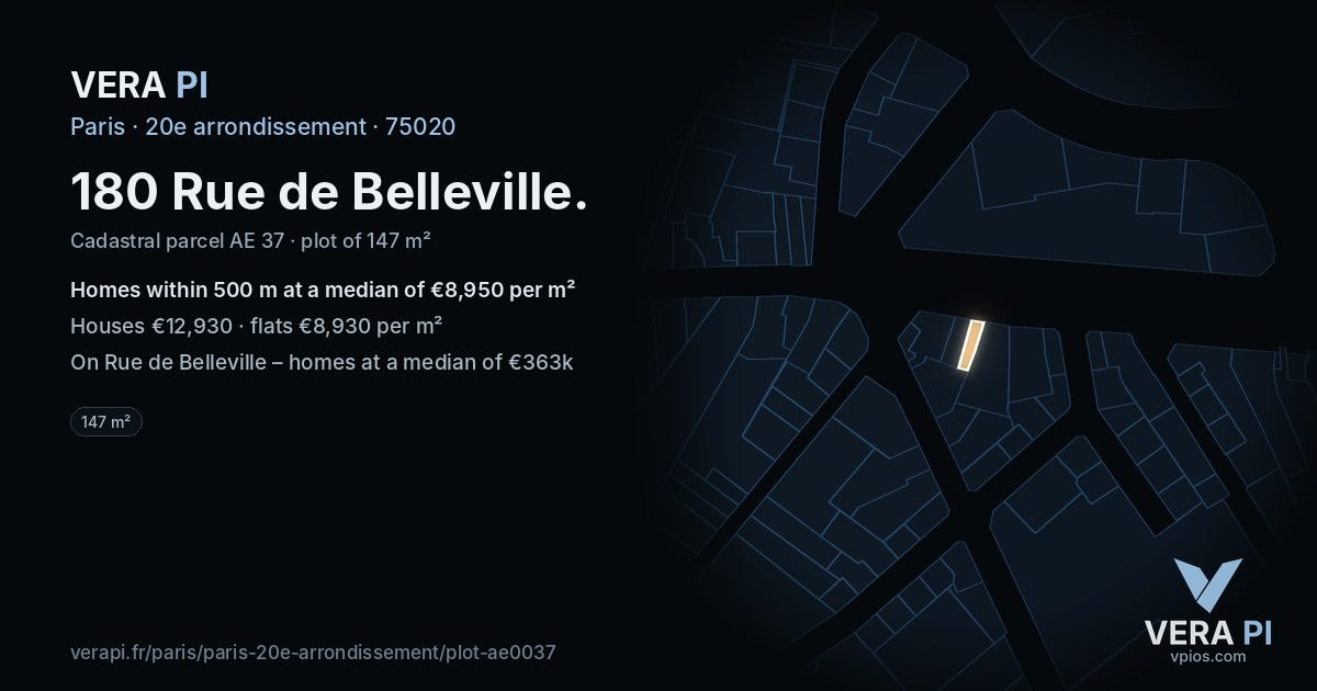 180 Rue de Belleville, 20e arrondissement at night – the plot lit, the parcels around coloured by the prices near them