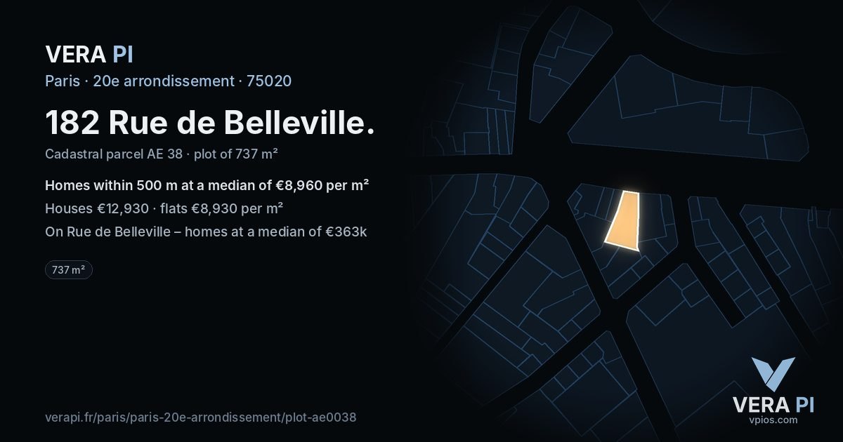 182 Rue de Belleville, 20e arrondissement at night – the plot lit, the parcels around coloured by the prices near them