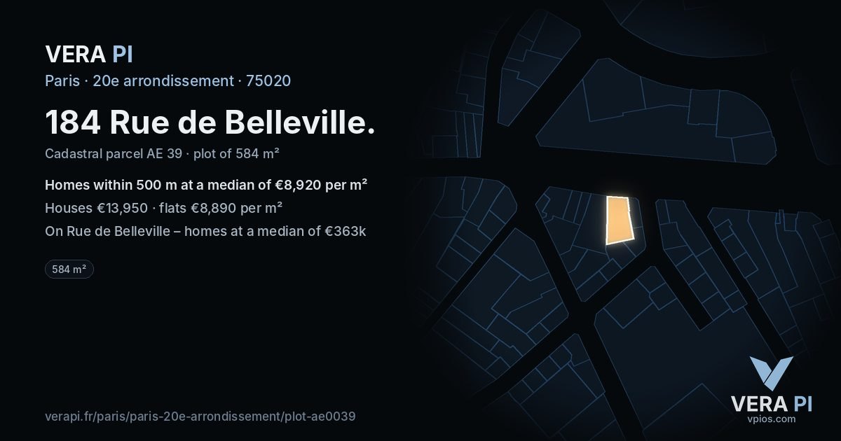 184 Rue de Belleville, 20e arrondissement at night – the plot lit, the parcels around coloured by the prices near them