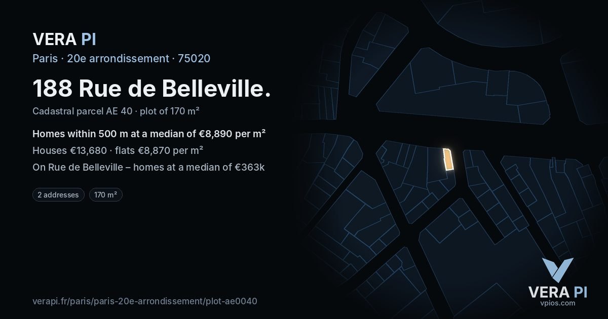 188 Rue de Belleville, 20e arrondissement at night – the plot lit, the parcels around coloured by the prices near them