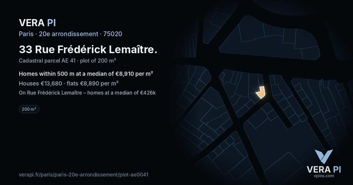 33 Rue Frédérick Lemaître, 20e arrondissement at night – the plot lit, the parcels around coloured by the prices near them