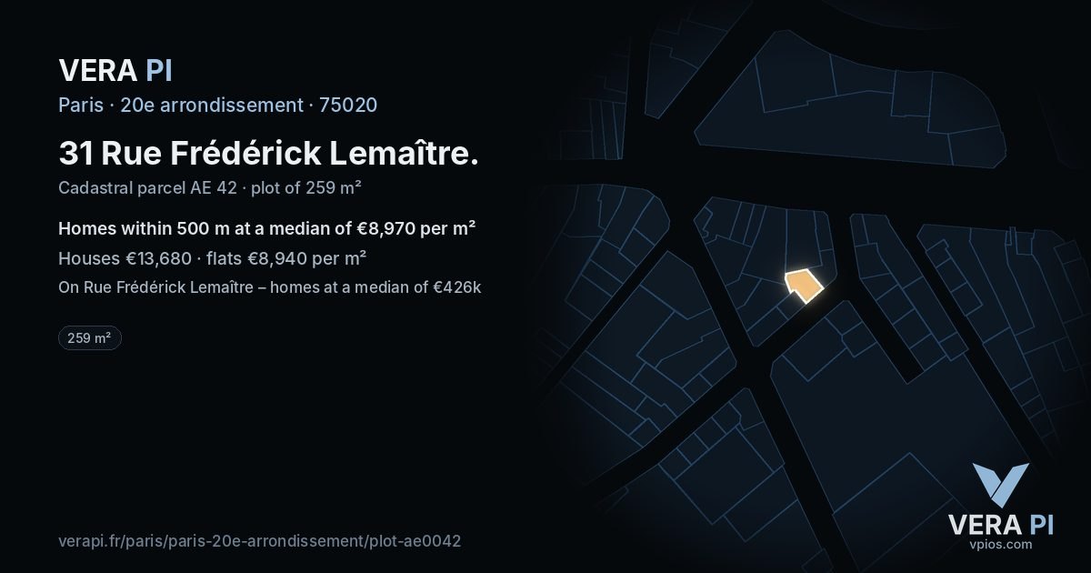 31 Rue Frédérick Lemaître, 20e arrondissement at night – the plot lit, the parcels around coloured by the prices near them