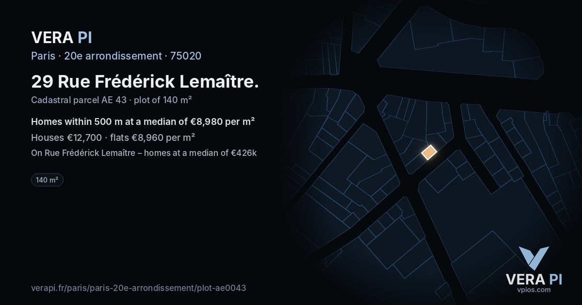 29 Rue Frédérick Lemaître, 20e arrondissement at night – the plot lit, the parcels around coloured by the prices near them