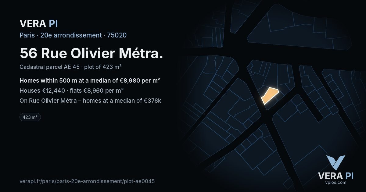56 Rue Olivier Métra, 20e arrondissement at night – the plot lit, the parcels around coloured by the prices near them