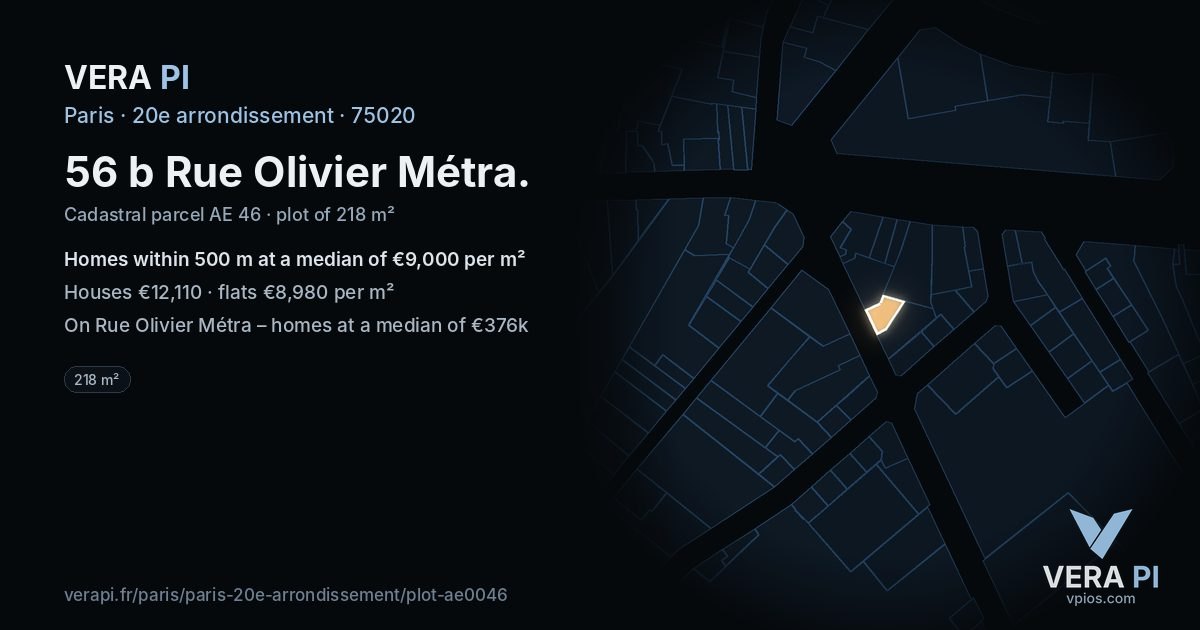 56 b Rue Olivier Métra, 20e arrondissement at night – the plot lit, the parcels around coloured by the prices near them