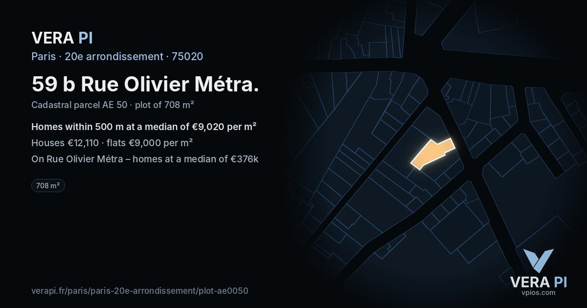 59 b Rue Olivier Métra, 20e arrondissement at night – the plot lit, the parcels around coloured by the prices near them
