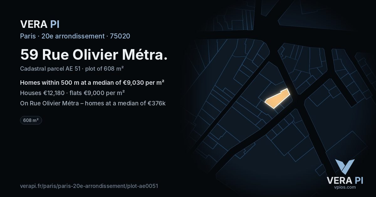 59 Rue Olivier Métra, 20e arrondissement at night – the plot lit, the parcels around coloured by the prices near them