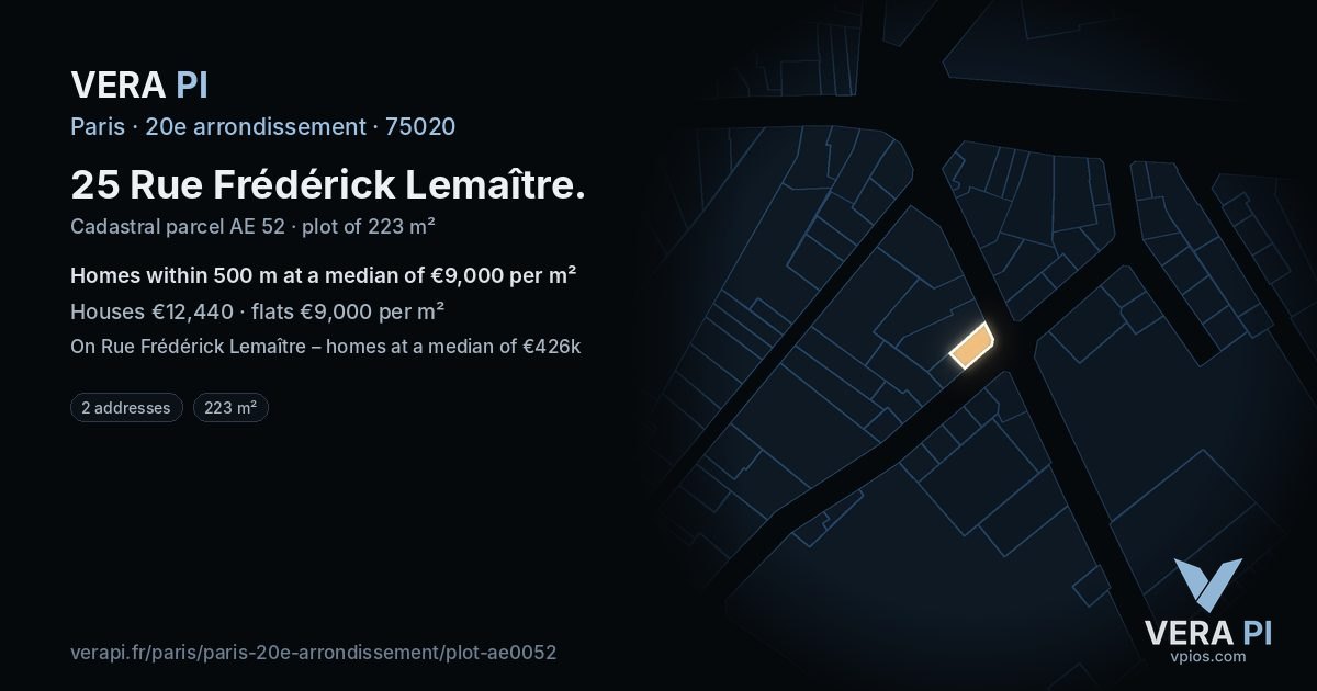 25 Rue Frédérick Lemaître, 20e arrondissement at night – the plot lit, the parcels around coloured by the prices near them