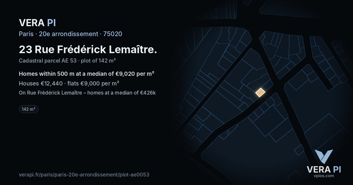 23 Rue Frédérick Lemaître, 20e arrondissement at night – the plot lit, the parcels around coloured by the prices near them