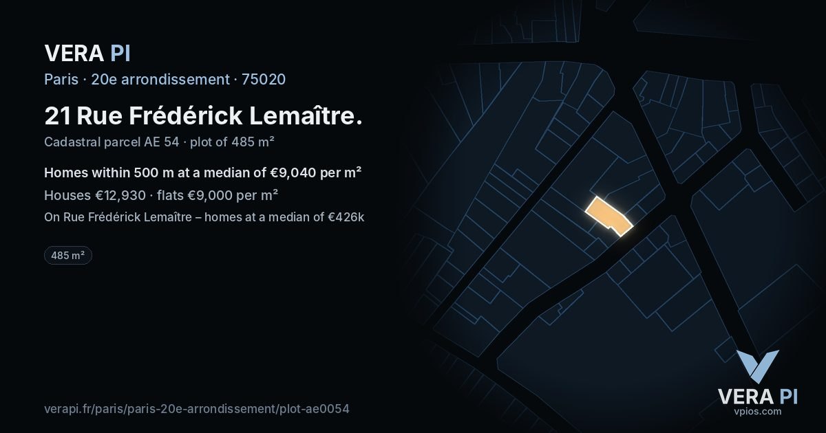 21 Rue Frédérick Lemaître, 20e arrondissement at night – the plot lit, the parcels around coloured by the prices near them