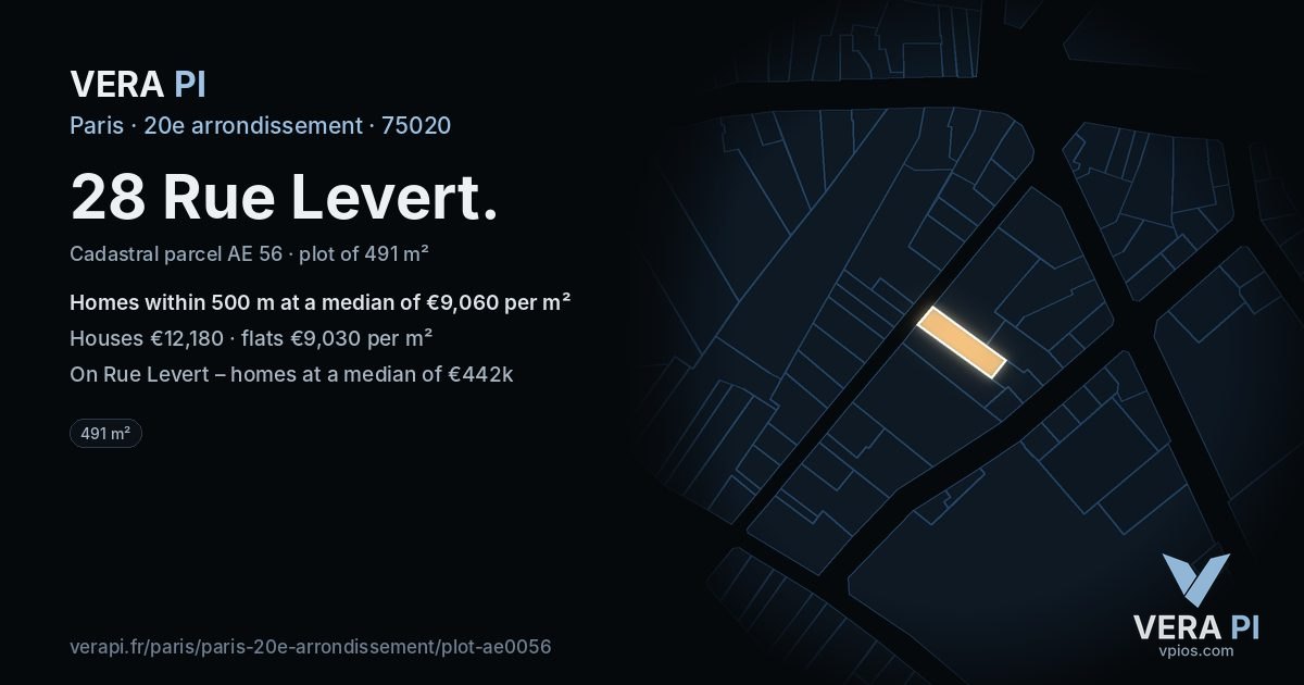 28 Rue Levert, 20e arrondissement at night – the plot lit, the parcels around coloured by the prices near them